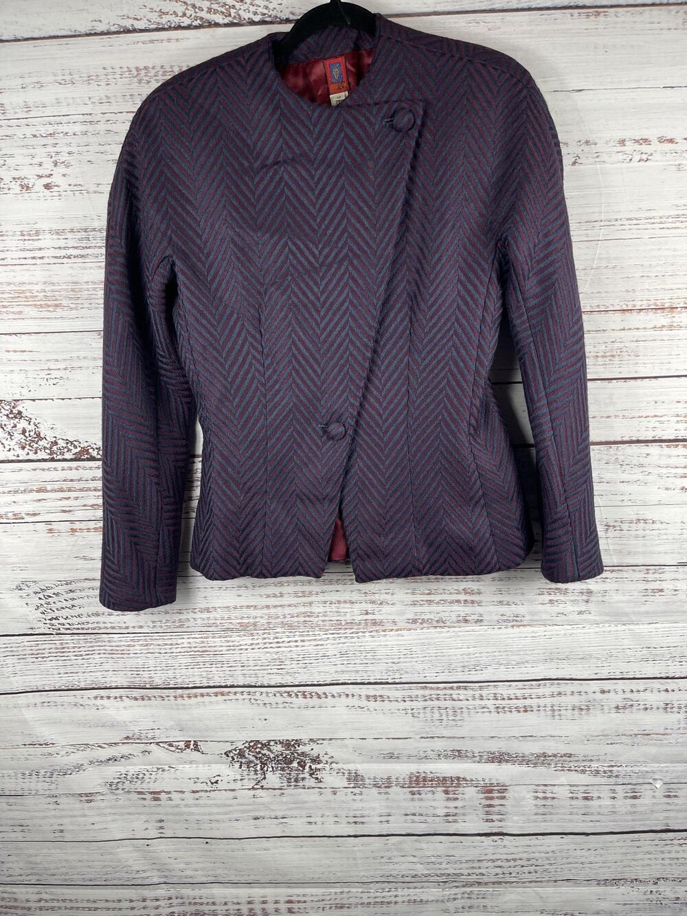 Anne Klein Blazer Women's 10 Purple Wool Herringbone Asymmetrical Button Lined